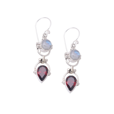 Garnet and rainbow moonstone dangle earrings, 'Dear Younger Sister' - Garnet & Rainbow Moonstone Sterling Silver Dangle Earrings