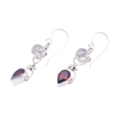 Garnet and rainbow moonstone dangle earrings, 'Dear Younger Sister' - Garnet & Rainbow Moonstone Sterling Silver Dangle Earrings