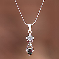Garnet and rainbow moonstone pendant necklace, 'Dear Younger Sister' - Garnet & Rainbow Moonstone Sterling Silver Pendant Necklace