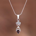 Garnet and rainbow moonstone pendant necklace, 'Dear Younger Sister' - Garnet & Rainbow Moonstone Sterling Silver Pendant Necklace