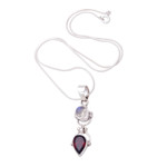 Garnet and rainbow moonstone pendant necklace, 'Dear Younger Sister' - Garnet & Rainbow Moonstone Sterling Silver Pendant Necklace