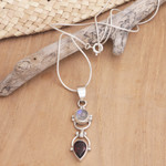 Garnet and rainbow moonstone pendant necklace, 'Dear Younger Sister' - Garnet & Rainbow Moonstone Sterling Silver Pendant Necklace