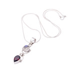 Garnet and rainbow moonstone pendant necklace, 'Dear Younger Sister' - Garnet & Rainbow Moonstone Sterling Silver Pendant Necklace