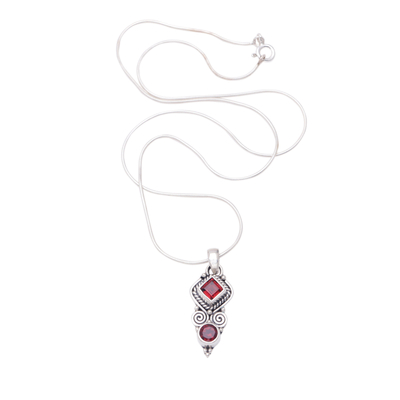 Garnet pendant necklace, 'Lovely and Witty' - Garnet & Sterling Silver Pendant Necklace Crafted in Bali