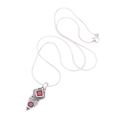 Garnet pendant necklace, 'Lovely and Witty' - Garnet & Sterling Silver Pendant Necklace Crafted in Bali