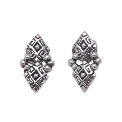 Sterling silver button earrings, 'Diamond Ribbon' - Sterling Silver Button Earrings with Geometric Ribbons