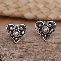 Sterling silver stud earrings, 'Loving Twins' - Sterling Silver Stud Earrings with Hearts from Bali