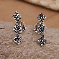 Sterling silver button earrings, 'Diamond Flora' - Sterling Silver Button Earrings with Floral Diamonds
