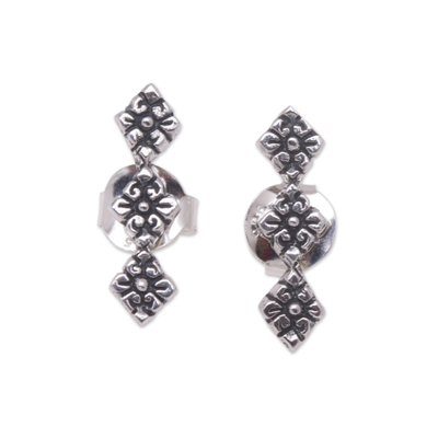 Sterling silver button earrings, 'Diamond Flora' - Sterling Silver Button Earrings with Floral Diamonds