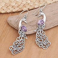 Amethyst dangle earrings, 'Purple Peacock Queen' - Sterling Silver and Amethyst Dangle Earrings with Peacocks