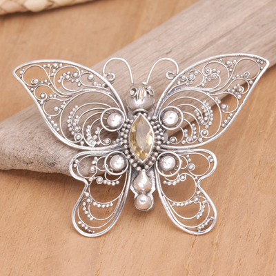 Citrine filigree brooch, 'Glowing Butterfly' - Sterling Silver Butterfly Filigree Brooch with Citrine Stone