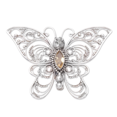 Citrine filigree brooch, 'Glowing Butterfly' - Sterling Silver Butterfly Filigree Brooch with Citrine Stone