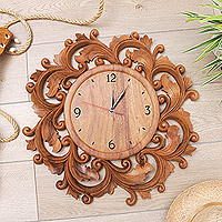 Wood wall clock, 'Time to Blossom' - Hand-carved Wood Wall Clock from Bali