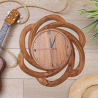Wood wall clock, 'Morning Windmill' - Hand-carved Wall Clock Crafted with Suar Wood in Indonesia