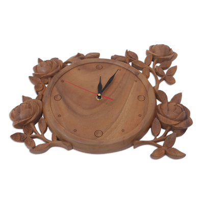 Wood wall clock, 'Time for Roses' - Handcrafted Wood Floral Motif Wall Clock