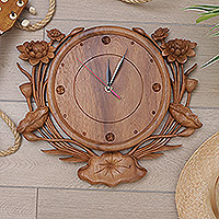 Wood wall clock, 'Lotus Time' - Floral Wall Clock Hand-Carved in Bali