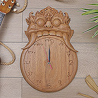 Wood wall clock, 'Kalarau Midnight' - Balinese Mythology Themed Hand Carved Wooden Wall Clock