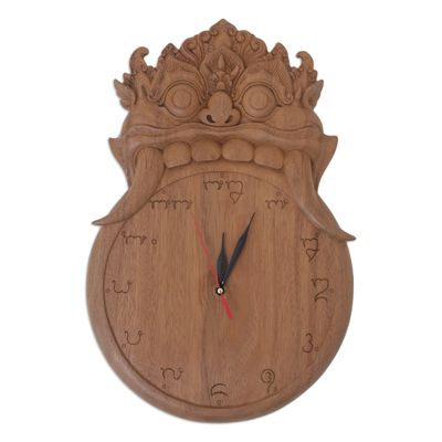 Wood wall clock, 'Kalarau Midnight' - Balinese Mythology Themed Hand Carved Wooden Wall Clock