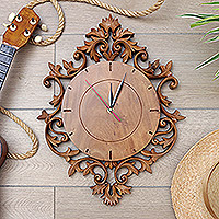 Reloj de pared de madera, 'Graceful Vine' - Reloj de pared de madera de suar tallado a mano de Bali