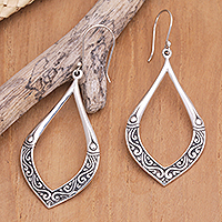 Sterling silver dangle earrings, 'Bali's Leaf' - Sterling Silver Leaf Dangle Earrings with Traditional Motifs
