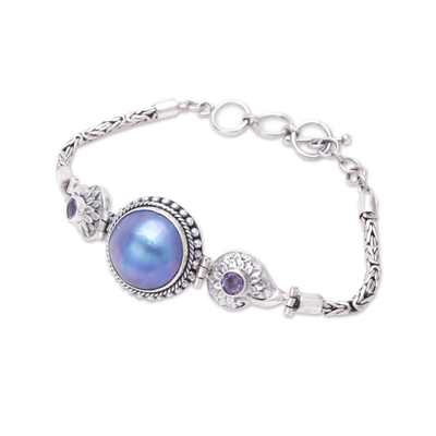 Cultured pearl and amethyst pendant bracelet, 'Eerie Sunflower' - Blue Cultured Pearl and Amethyst Pendant Bracelet from Bali