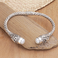 Cultured pearl cuff bracelet, 'Pearly Dragonflies' - Sterling Silver and Cultured Pearl Cuff Bracelet from Bali