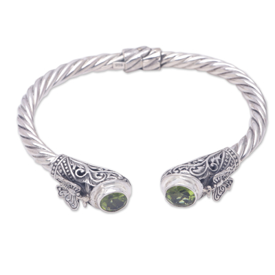 Peridot cuff bracelet, 'Green Butterfly' - Sterling Silver Butterfly Cuff Bracelet with Peridot Stones