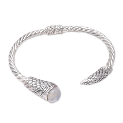 Rainbow moonstone cuff bracelet, 'Feathers to the Moon' - Rainbow Moonstone Sterling Silver Cuff Bracelet from Bali