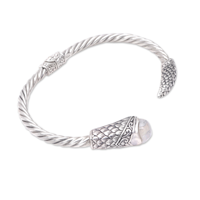 Rainbow moonstone cuff bracelet, 'Feathers to the Moon' - Rainbow Moonstone Sterling Silver Cuff Bracelet from Bali