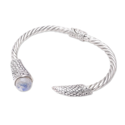 Rainbow moonstone cuff bracelet, 'Feathers to the Moon' - Rainbow Moonstone Sterling Silver Cuff Bracelet from Bali