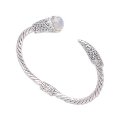 Rainbow moonstone cuff bracelet, 'Feathers to the Moon' - Rainbow Moonstone Sterling Silver Cuff Bracelet from Bali