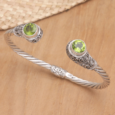 Peridot cuff bracelet, 'Green Royal Seal' - Peridot Sterling Silver Cuff Bracelet from Bali
