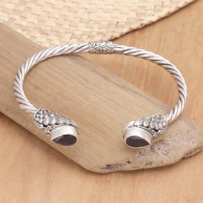 Amethyst cuff bracelet, 'Stylish Amethyst Feathers' - Sterling Silver Cuff Bracelet with Amethyst Stones