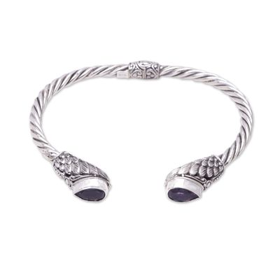 Amethyst cuff bracelet, 'Stylish Amethyst Feathers' - Sterling Silver Cuff Bracelet with Amethyst Stones