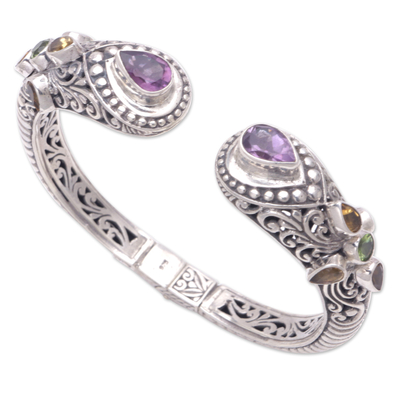 Multi-gemstone cuff bracelet, 'Shining Woman' - Balinese Multi-Gemstone Sterling Silver Cuff Bracelet