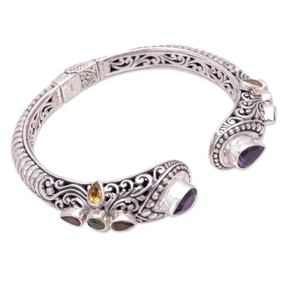 Multi-gemstone cuff bracelet, 'Shining Woman' - Balinese Multi-Gemstone Sterling Silver Cuff Bracelet