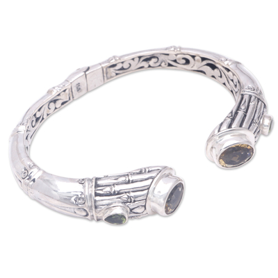 Citrine and peridot cuff bracelet, 'Precious Bamboo' - Sterling Silver Cuff Bracelet with Citrine and Peridot Gems