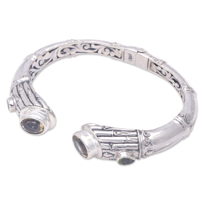 Citrine and peridot cuff bracelet, 'Precious Bamboo' - Sterling Silver Cuff Bracelet with Citrine and Peridot Gems