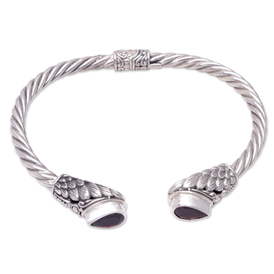Garnet cuff bracelet, 'Stylish Garnet Feathers' - Sterling Silver Cuff Bracelet with Natural Garnet Stones