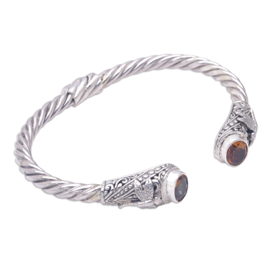 Citrine cuff bracelet, 'Citrine Dragonflies' - Sterling Silver Cuff Bracelet with Faceted Citrine Stones
