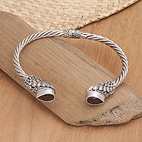 Garnet cuff bracelet, 'Stylish Red Feathers' - Balinese Sterling Silver Cuff Bracelet with Garnet Stones