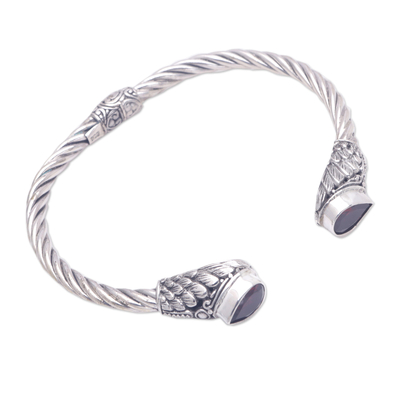 Garnet cuff bracelet, 'Stylish Red Feathers' - Balinese Sterling Silver Cuff Bracelet with Garnet Stones