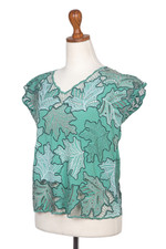 Embroidered lace top, 'Viridian Fall' - Embroidered Viridian Rayon Top with Leafy Motifs