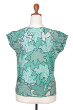 Embroidered lace top, 'Viridian Fall' - Embroidered Viridian Rayon Top with Leafy Motifs