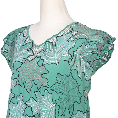 Embroidered lace top, 'Viridian Fall' - Embroidered Viridian Rayon Top with Leafy Motifs