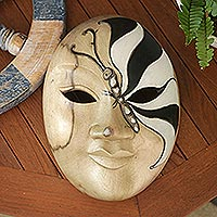 Wood mask, 'Feminine Butterfly' - Balinese Hibiscus Wood Mask with Hand-Painted Butterfly