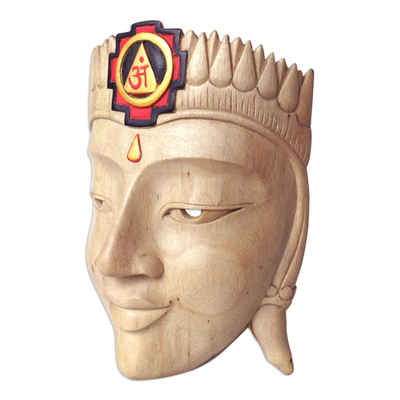Wood mask, 'Sage Man' - Crocodile Wood Mask with Hand-Painted Ongkara Symbol