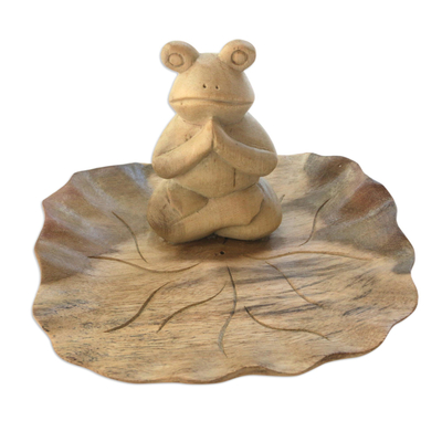 Wood incense holder, 'Prosperity Prayer' - Hand-Carved Wood Frog Incense Holder from Bali
