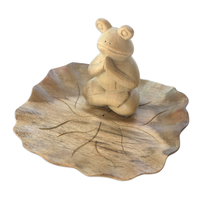 Wood incense holder, 'Prosperity Prayer' - Hand-Carved Wood Frog Incense Holder from Bali