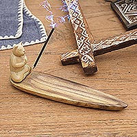 Wood incense holder, 'Feline Prayer' - Hand-Carved Wood Cat Incense Holder from Bali